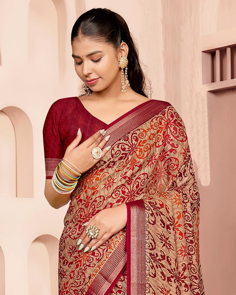 Vishal Prints Paprika Red And Dark Beige Criva Crepe Digital Print Saree With Weaved Viscose Patta