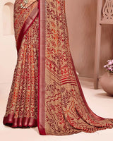 Vishal Prints Paprika Red And Dark Beige Criva Crepe Digital Print Saree With Weaved Viscose Patta
