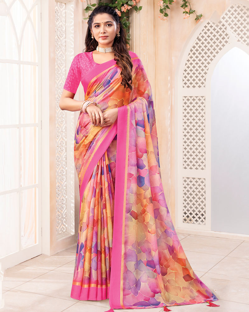 Vishal Prints Faded Pink And Dusty Lavender Digital Print Chiffon Saree With Weaved Satin Patta And Tassel