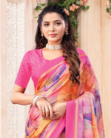 Vishal Prints Faded Pink And Dusty Lavender Digital Print Chiffon Saree With Weaved Satin Patta And Tassel