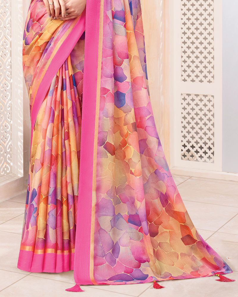 Vishal Prints Faded Pink And Dusty Lavender Digital Print Chiffon Saree With Weaved Satin Patta And Tassel