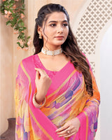 Vishal Prints Faded Pink And Dusty Lavender Digital Print Chiffon Saree With Weaved Satin Patta And Tassel