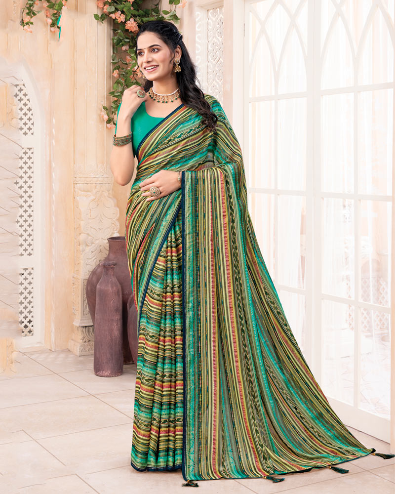 Vishal Prints Multicolored Digital Print Brasso Saree With Diamond Work And Tassel