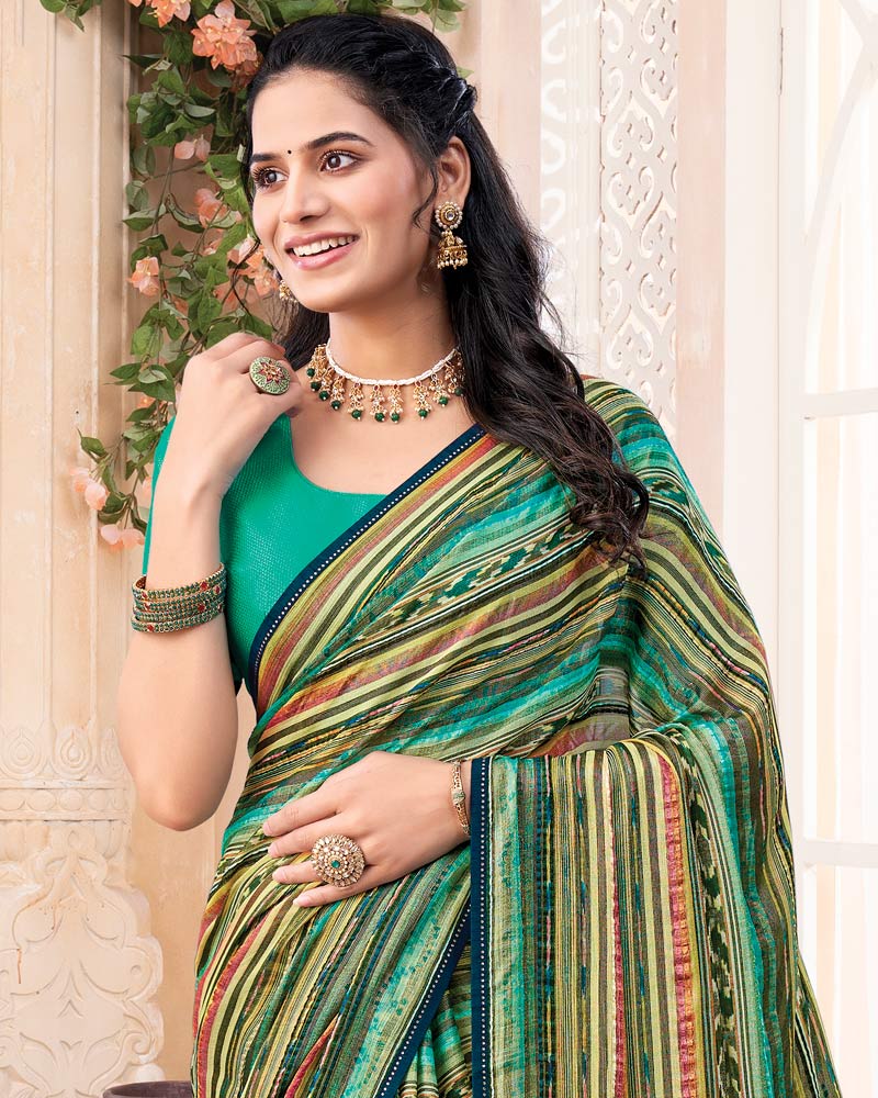 Vishal Prints Multicolored Digital Print Brasso Saree With Diamond Work And Tassel
