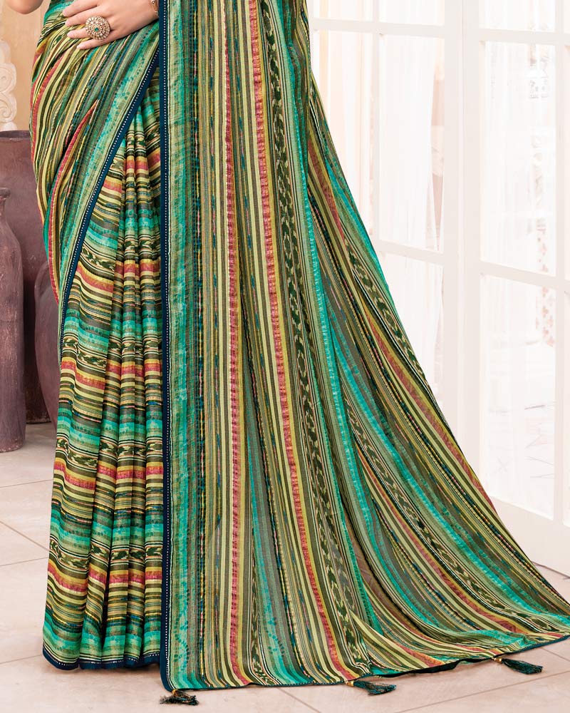 Vishal Prints Multicolored Digital Print Brasso Saree With Diamond Work And Tassel