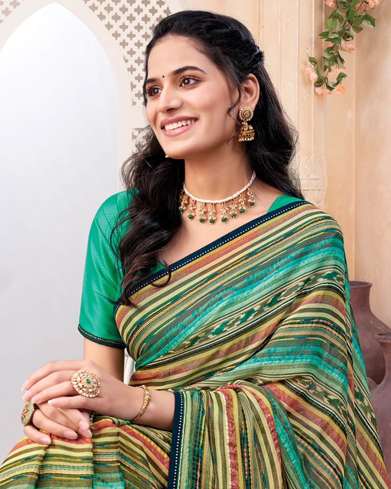 Vishal Prints Multicolored Digital Print Brasso Saree With Diamond Work And Tassel