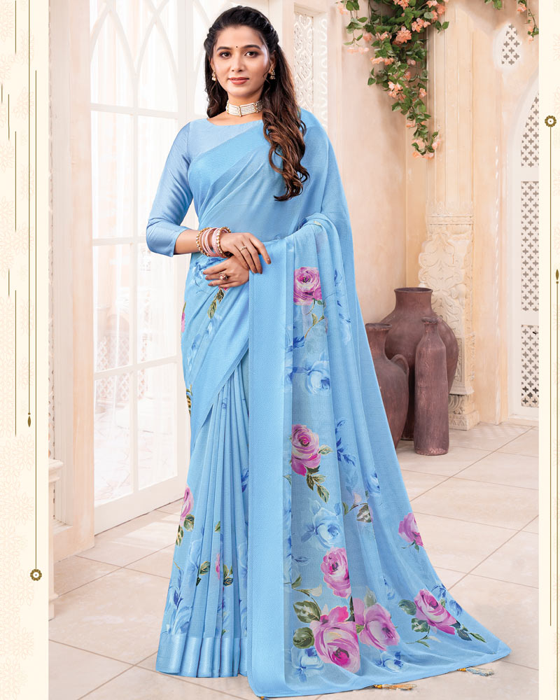 Vishal Prints Sky Blue Digital Print Chiffon Saree With Weaved Satin Patta And Tassel