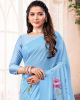 Vishal Prints Sky Blue Digital Print Chiffon Saree With Weaved Satin Patta And Tassel