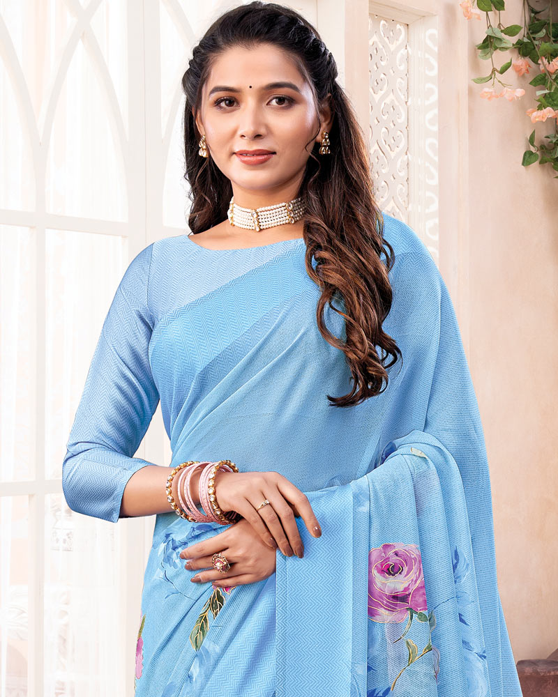 Vishal Prints Sky Blue Digital Print Chiffon Saree With Weaved Satin Patta And Tassel