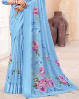 Vishal Prints Sky Blue Digital Print Chiffon Saree With Weaved Satin Patta And Tassel
