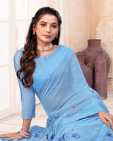 Vishal Prints Sky Blue Digital Print Chiffon Saree With Weaved Satin Patta And Tassel