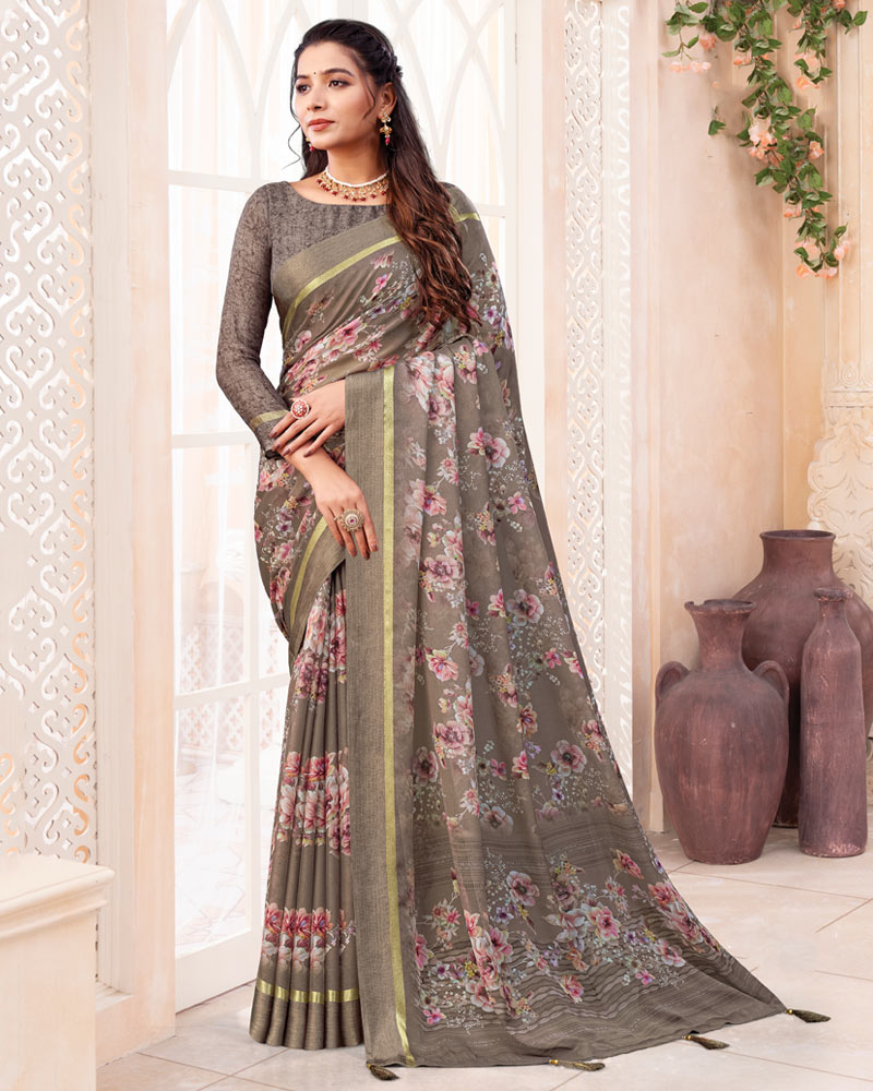 Vishal Prints Pale Tobacco Brown Digital Print Chiffon Saree With Weaved Satin Patta And Tassel