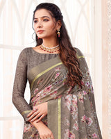 Vishal Prints Pale Tobacco Brown Digital Print Chiffon Saree With Weaved Satin Patta And Tassel