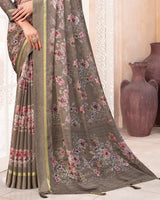 Vishal Prints Pale Tobacco Brown Digital Print Chiffon Saree With Weaved Satin Patta And Tassel