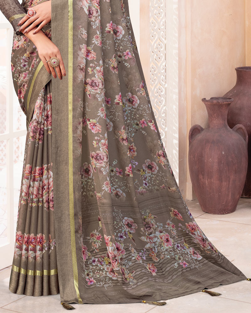 Vishal Prints Pale Tobacco Brown Digital Print Chiffon Saree With Weaved Satin Patta And Tassel
