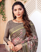 Vishal Prints Pale Tobacco Brown Digital Print Chiffon Saree With Weaved Satin Patta And Tassel