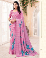 Vishal Prints Cadillac Pink Digital Print Chiffon Saree With Weaved Satin Patta And Tassel