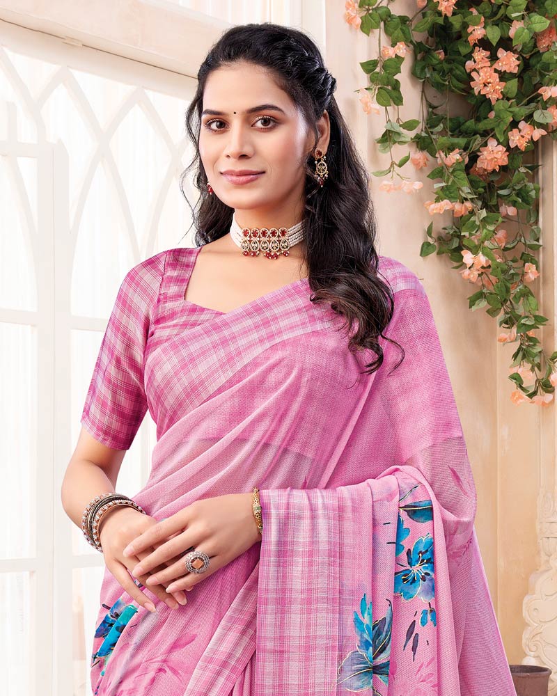 Vishal Prints Cadillac Pink Digital Print Chiffon Saree With Weaved Satin Patta And Tassel