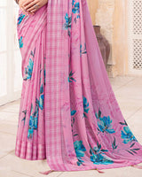 Vishal Prints Cadillac Pink Digital Print Chiffon Saree With Weaved Satin Patta And Tassel