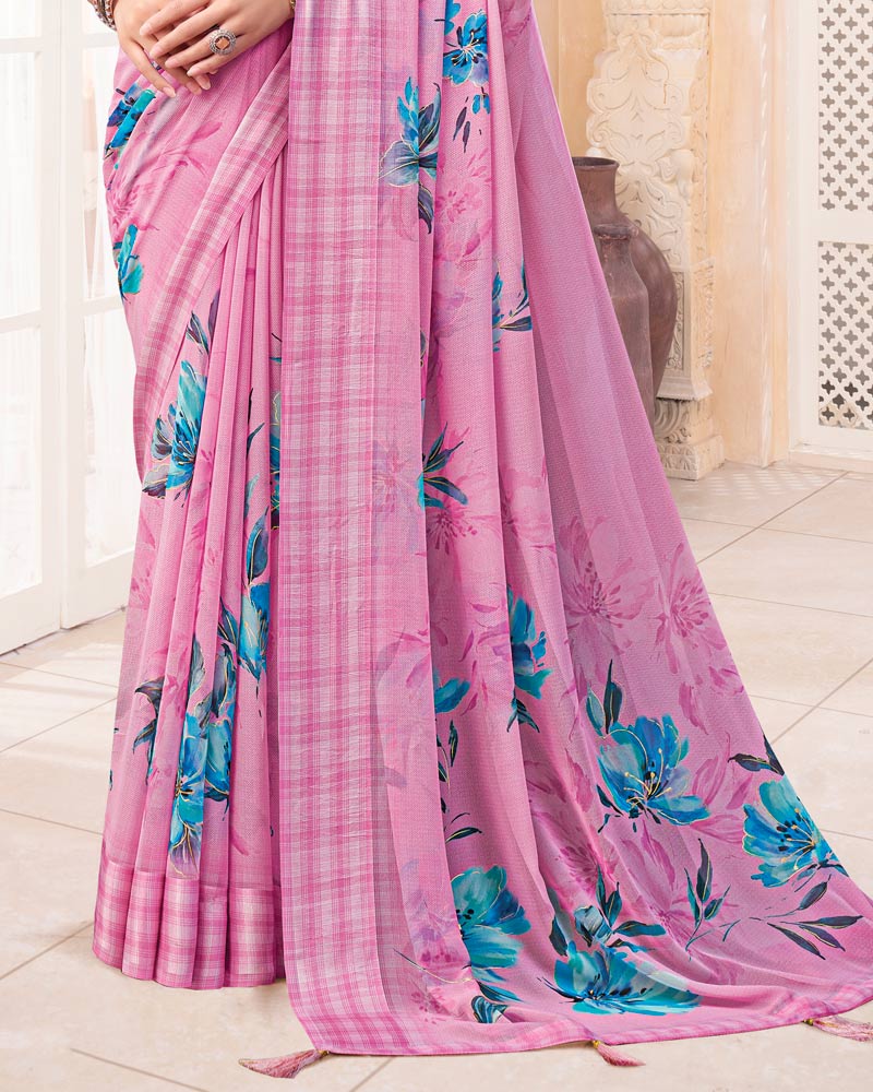 Vishal Prints Cadillac Pink Digital Print Chiffon Saree With Weaved Satin Patta And Tassel
