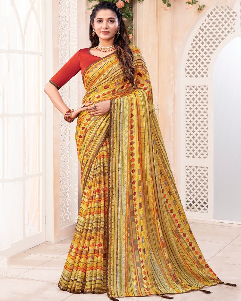 Vishal Prints Mustard Yellow Digital Print Brasso Saree With Diamond Work And Tassel