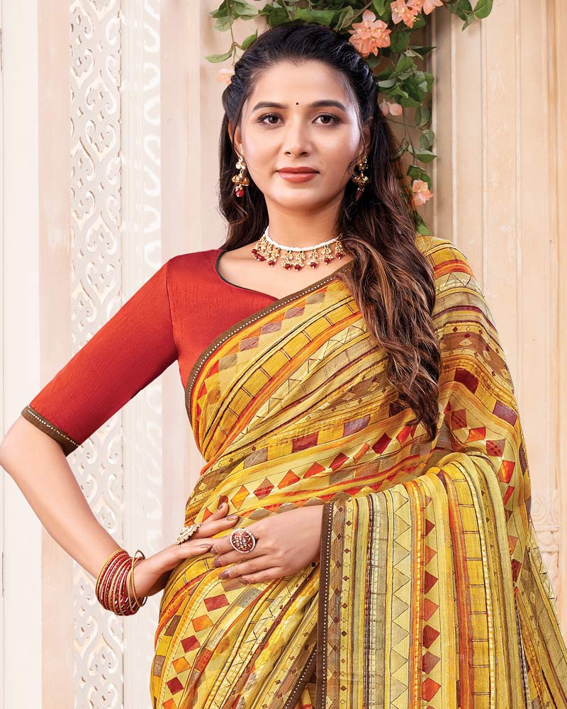 Vishal Prints Mustard Yellow Digital Print Brasso Saree With Diamond Work And Tassel