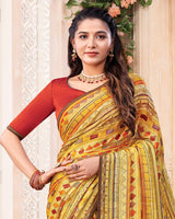 Vishal Prints Mustard Yellow Digital Print Brasso Saree With Diamond Work And Tassel