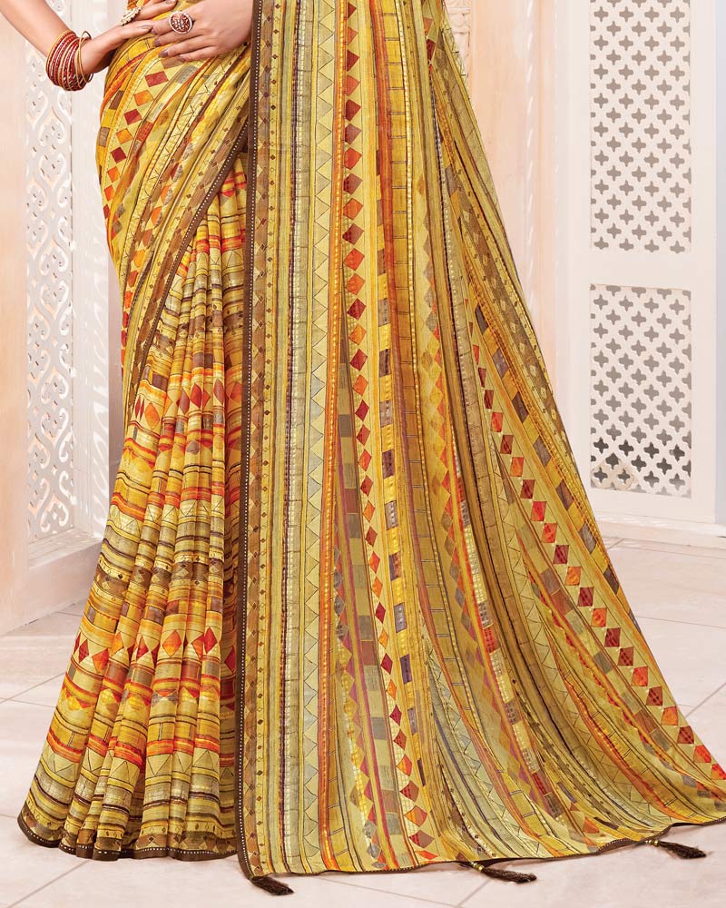 Vishal Prints Mustard Yellow Digital Print Brasso Saree With Diamond Work And Tassel
