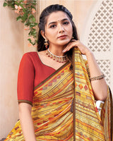 Vishal Prints Mustard Yellow Digital Print Brasso Saree With Diamond Work And Tassel