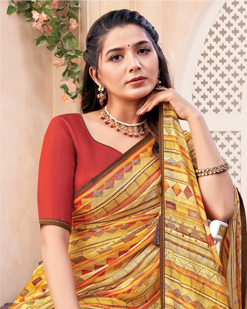 Vishal Prints Mustard Yellow Digital Print Brasso Saree With Diamond Work And Tassel