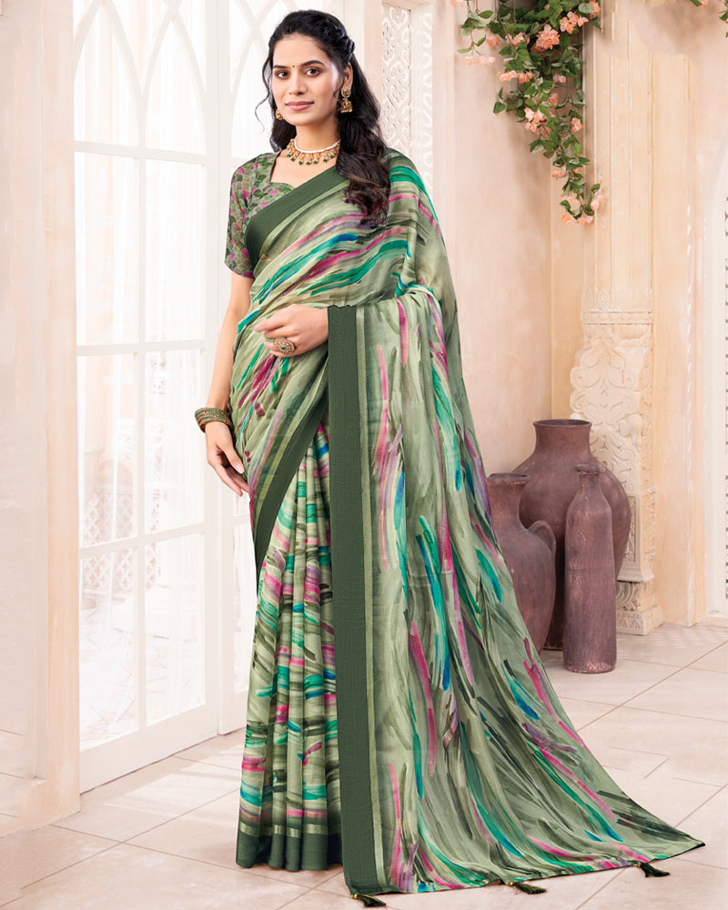 Vishal Prints Sage Green Digital Print Chiffon Saree With Weaved Satin Patta And Tassel