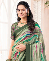 Vishal Prints Sage Green Digital Print Chiffon Saree With Weaved Satin Patta And Tassel