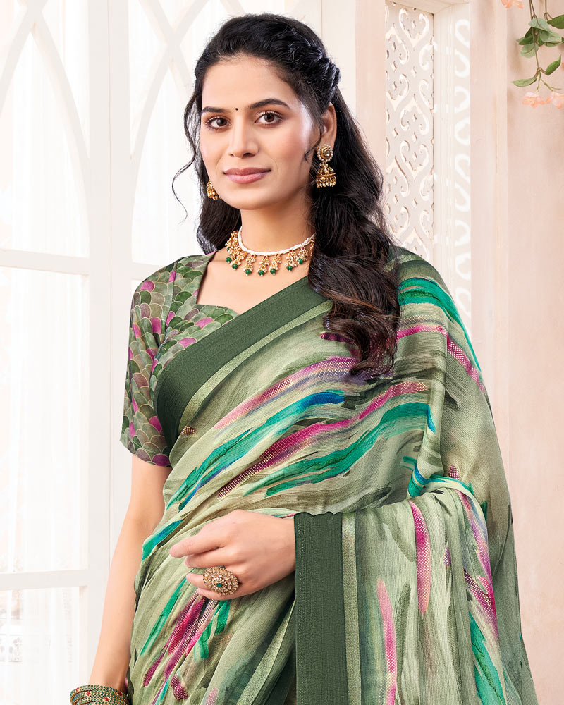 Vishal Prints Sage Green Digital Print Chiffon Saree With Weaved Satin Patta And Tassel