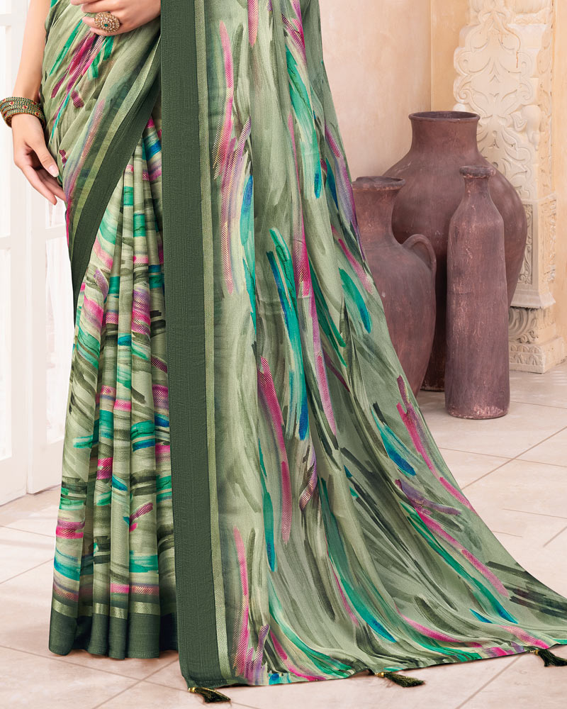 Vishal Prints Sage Green Digital Print Chiffon Saree With Weaved Satin Patta And Tassel