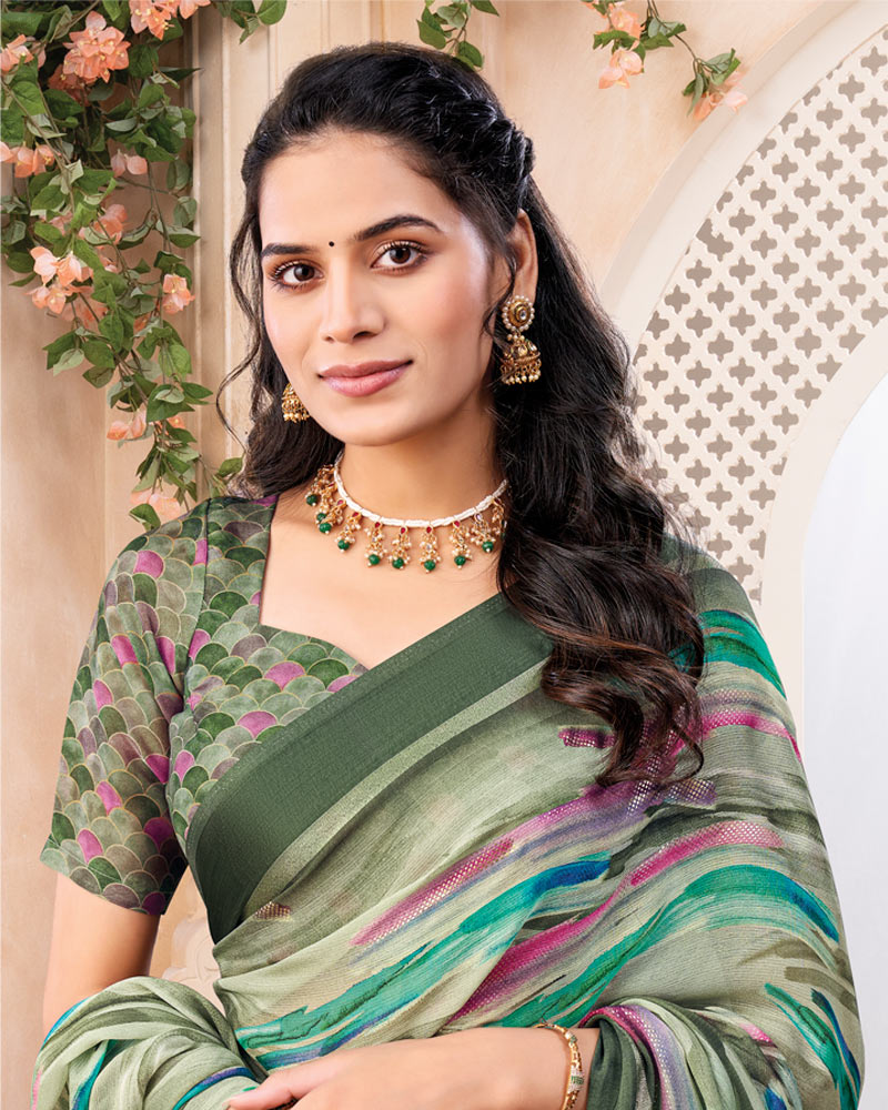 Vishal Prints Sage Green Digital Print Chiffon Saree With Weaved Satin Patta And Tassel