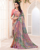 Vishal Prints Oriental Pink And Dusty Purple Digital Print Brasso Saree With Fancy Border