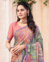 Vishal Prints Oriental Pink And Dusty Purple Digital Print Brasso Saree With Fancy Border