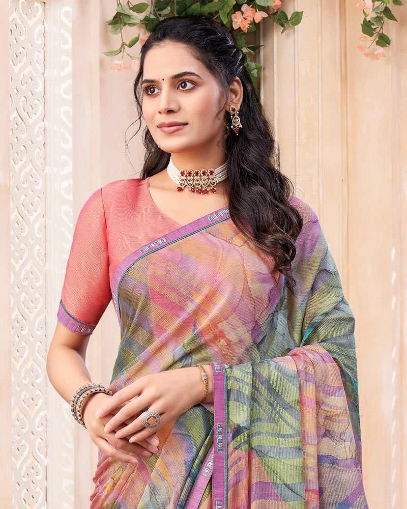 Vishal Prints Oriental Pink And Dusty Purple Digital Print Brasso Saree With Fancy Border