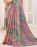 Vishal Prints Oriental Pink And Dusty Purple Digital Print Brasso Saree With Fancy Border
