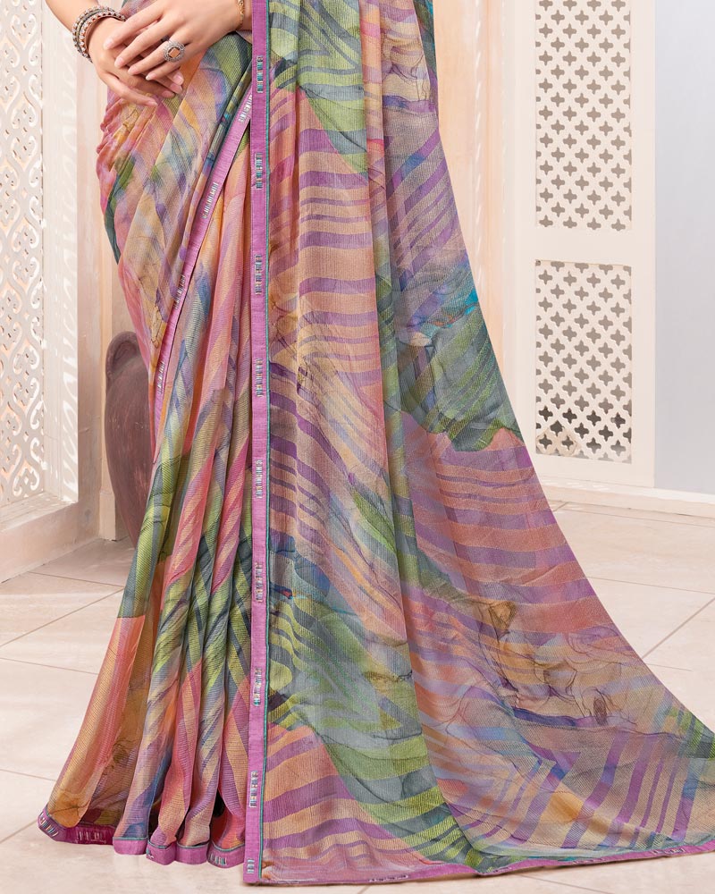 Vishal Prints Oriental Pink And Dusty Purple Digital Print Brasso Saree With Fancy Border
