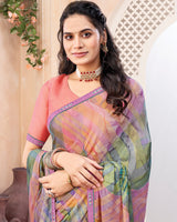 Vishal Prints Oriental Pink And Dusty Purple Digital Print Brasso Saree With Fancy Border