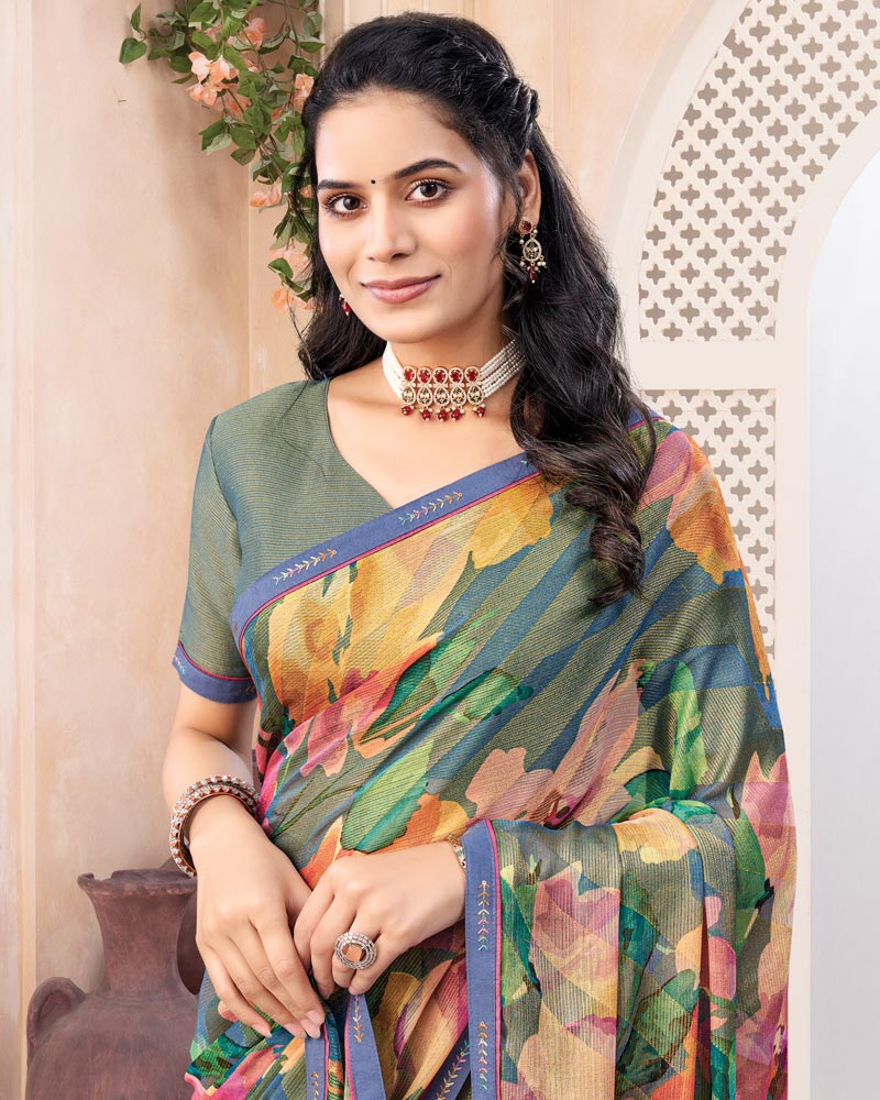 Vishal Prints Multicolored Digital Print Brasso Saree With Fancy Border