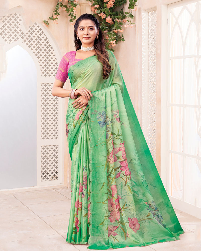 Vishal Prints Pastel Green Digital Print Chiffon Saree With Cut Work Border