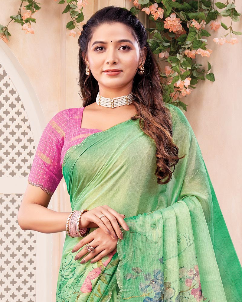 Vishal Prints Pastel Green Digital Print Chiffon Saree With Cut Work Border