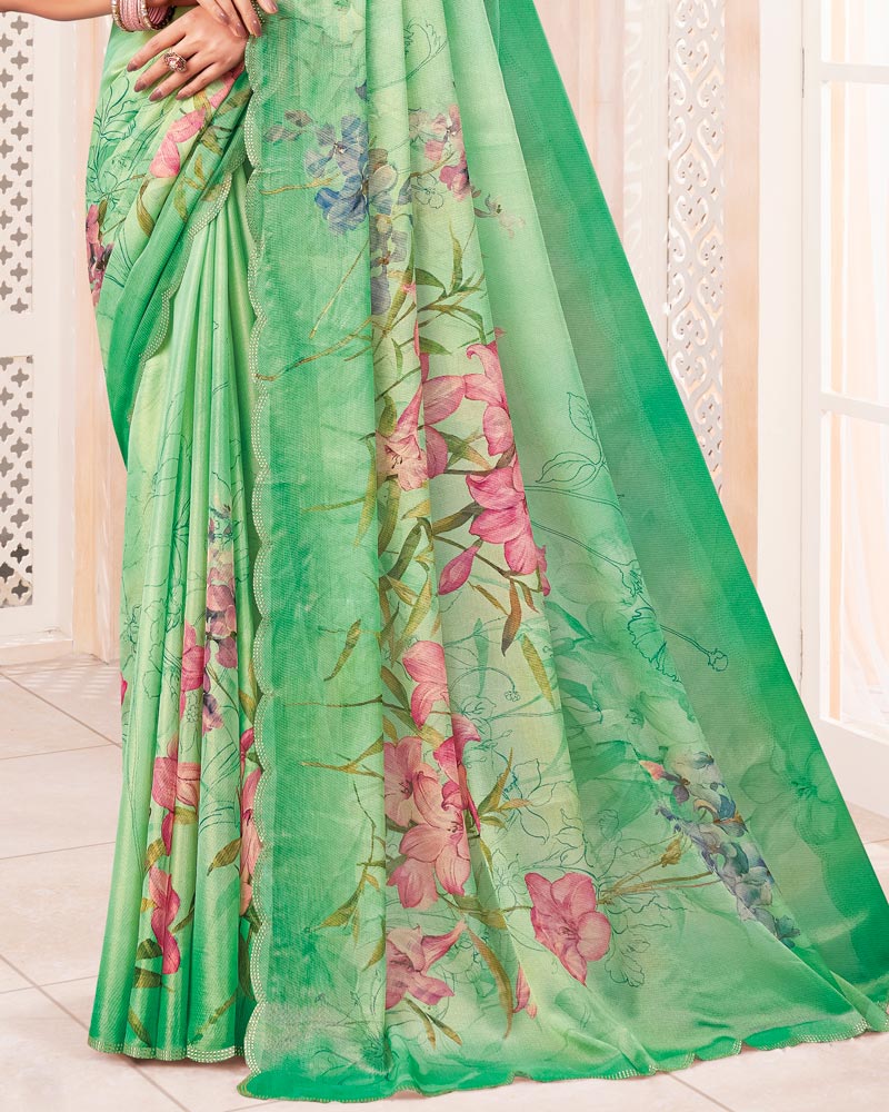 Vishal Prints Pastel Green Digital Print Chiffon Saree With Cut Work Border