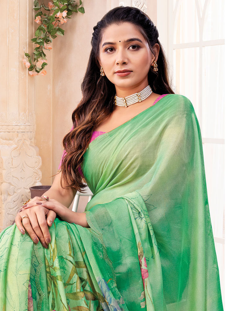 Vishal Prints Pastel Green Digital Print Chiffon Saree With Cut Work Border
