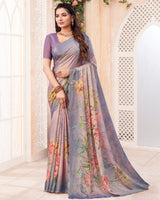 Vishal Prints Greyish Purple Digital Print Chiffon Saree With Cut Work Border
