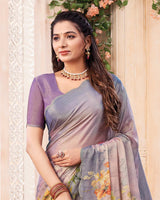 Vishal Prints Greyish Purple Digital Print Chiffon Saree With Cut Work Border