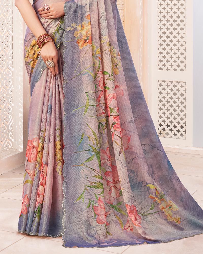 Vishal Prints Greyish Purple Digital Print Chiffon Saree With Cut Work Border