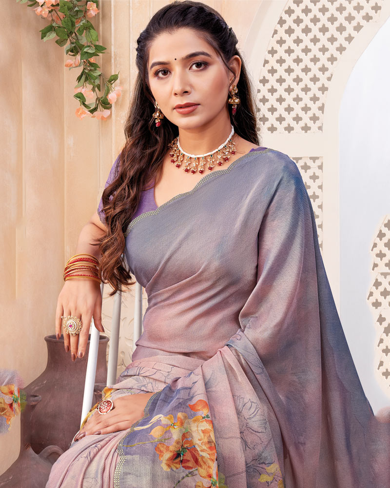 Vishal Prints Greyish Purple Digital Print Chiffon Saree With Cut Work Border